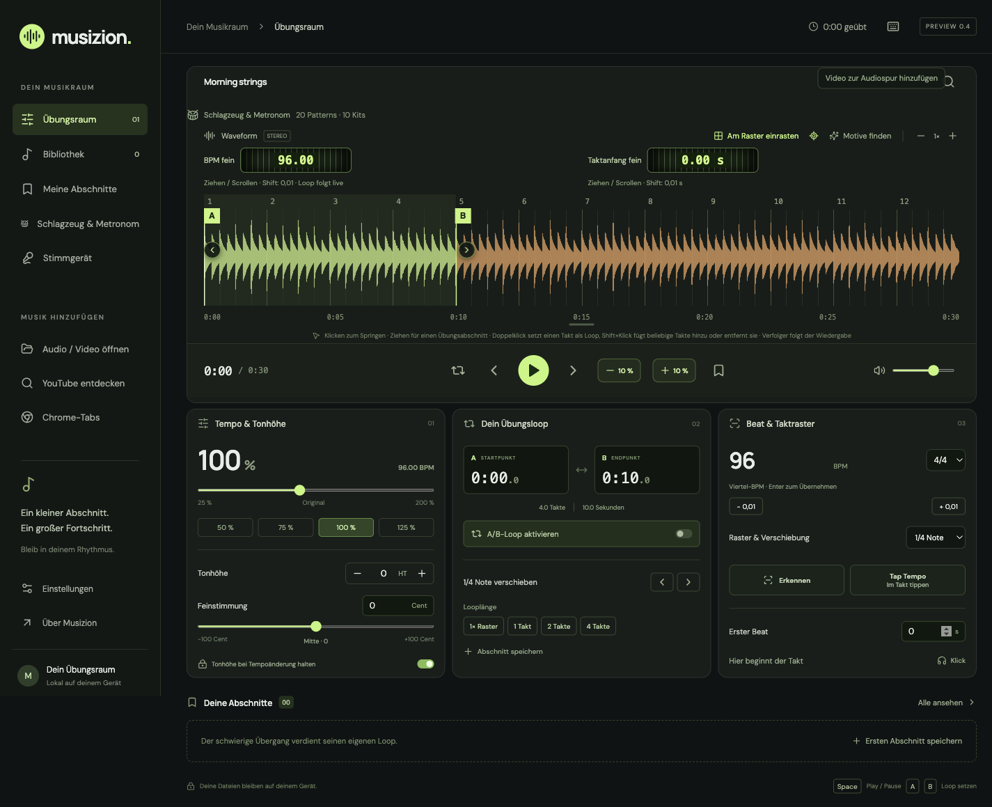 Musizion practice space with waveform, tempo, pitch and an A/B loop